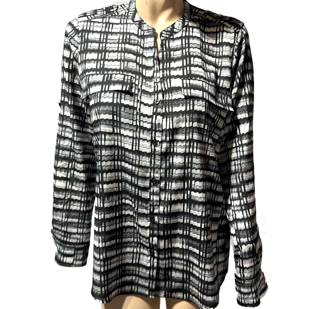 Calvin Klein Button Up Shirt women’s Black White Gray Roll Tab size L Large NWT